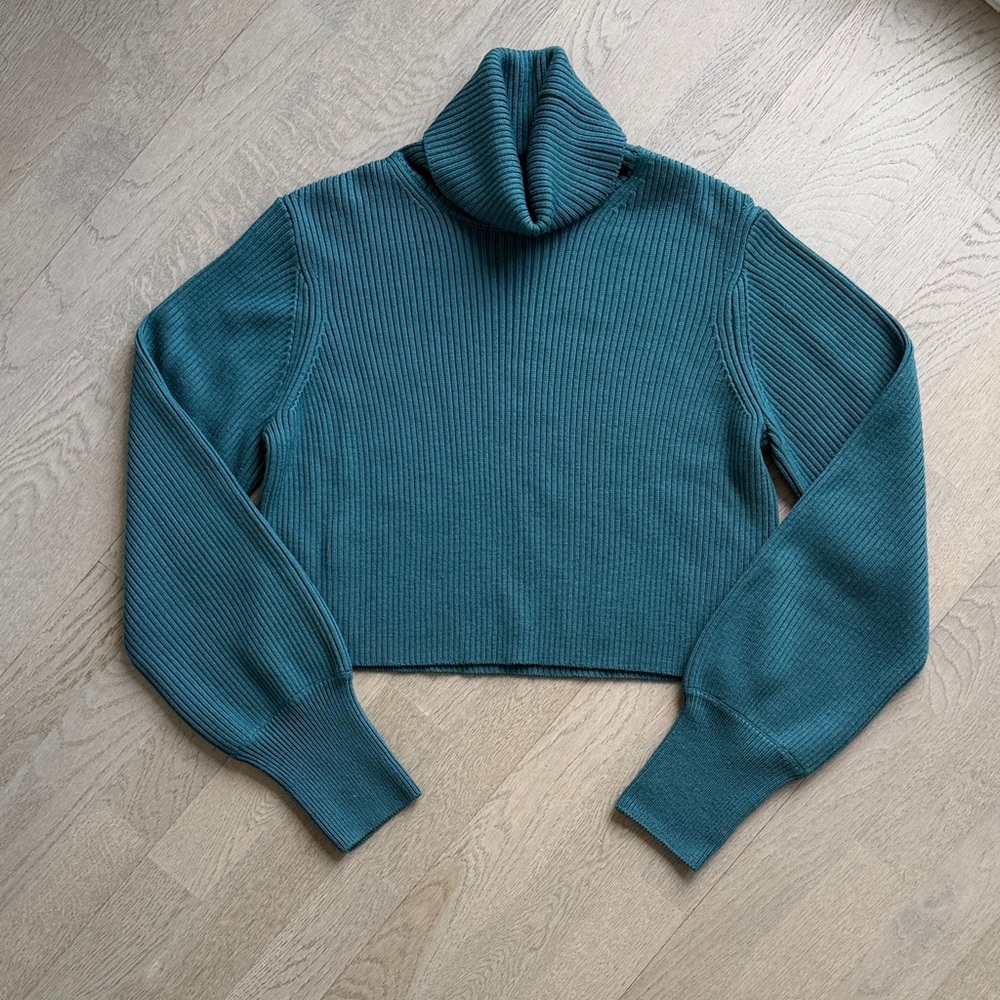 Wilfred Teal Ribbed Cowl Neck Sweater